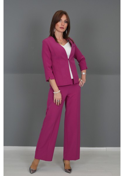 V Yaka Boydan Kuplu Kısa Ceket & Bol Paça Pantolon-Fuşya fırsatları