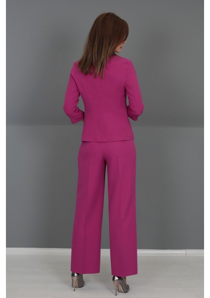 V Yaka Boydan Kuplu Kısa Ceket & Bol Paça Pantolon-Fuşya indirimleri