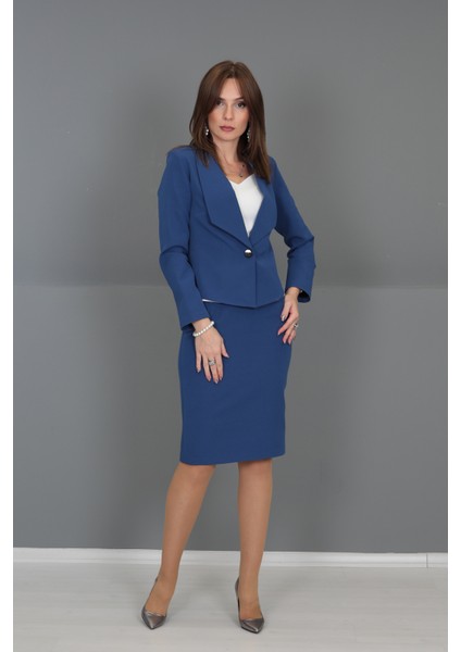 Amerikan Yaka Kısa Klasik Ceket & Düz Dar Etek-İndigo