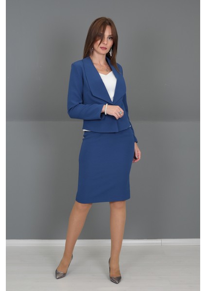 Amerikan Yaka Kısa Klasik Ceket & Düz Dar Etek-İndigo fiyatları