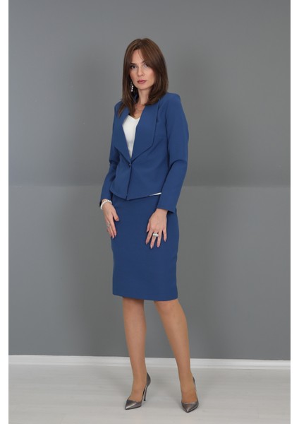 Amerikan Yaka Kısa Klasik Ceket & Düz Dar Etek-İndigo modelleri