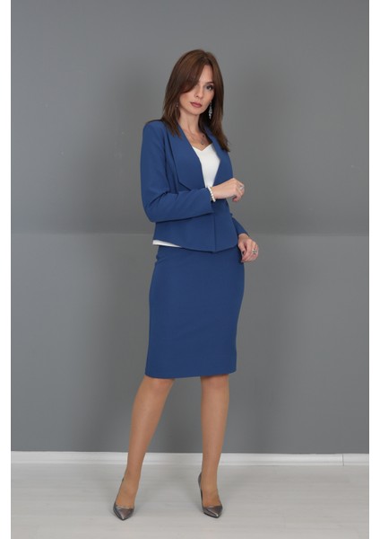 Amerikan Yaka Kısa Klasik Ceket & Düz Dar Etek-İndigo fırsatları