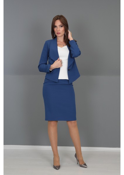 Amerikan Yaka Kısa Klasik Ceket & Düz Dar Etek-İndigo indirimleri