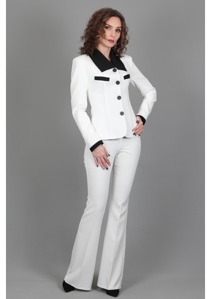 Garnili Ceket & İspanyol Paça Pantolon Takım-Beyaz