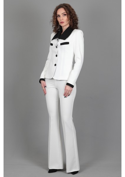 Garnili Ceket & İspanyol Paça Pantolon Takım-Beyaz modelleri