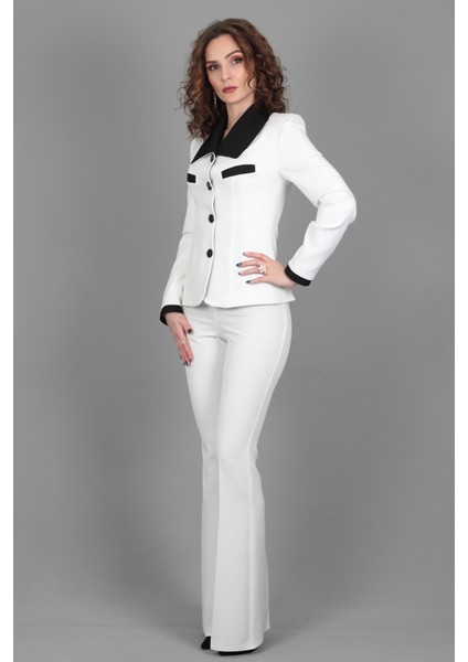 Garnili Ceket & İspanyol Paça Pantolon Takım-Beyaz fırsatları
