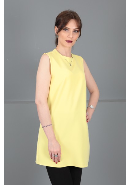 Sıfır Yaka Kolsuz Bluz-Sarı