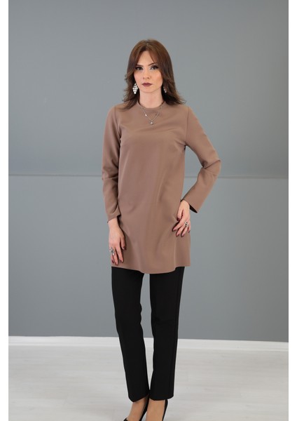 Sıfır Yaka Uzun Kol Bluz-Kahve