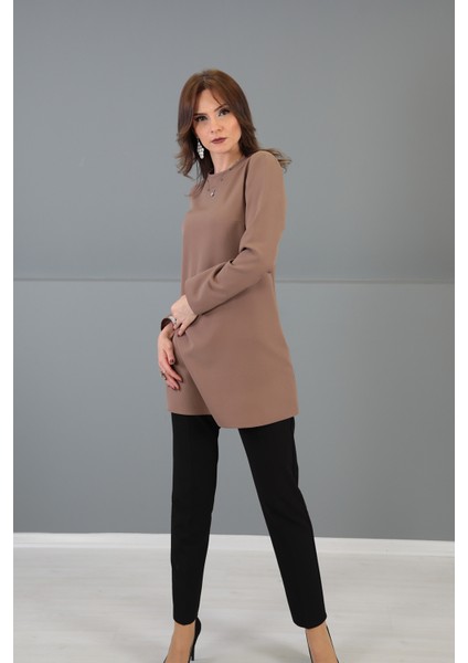 Sıfır Yaka Uzun Kol Bluz-Kahve fiyatları