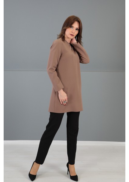 Sıfır Yaka Uzun Kol Bluz-Kahve modelleri