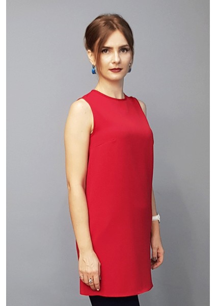 Sıfır Yaka Kolsuz Bluz- Kırmızı