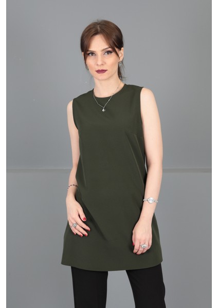 Sıfır Yaka Kolsuz Bluz- Haki