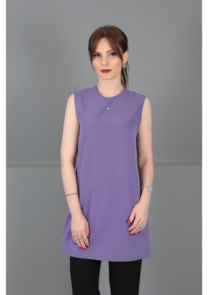 Sıfır Yaka Kolsuz Bluz-Lila