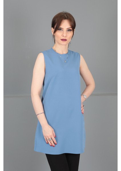 Sıfır Yaka Kolsuz Bluz-Deniz