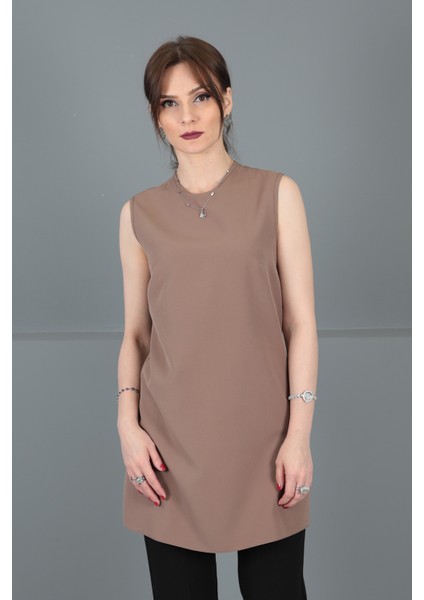 Sıfır Yaka Kolsuz Bluz-Kahve