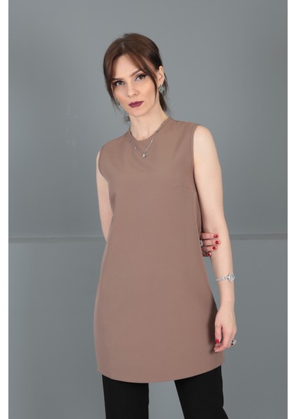 Sıfır Yaka Kolsuz Bluz-Kahve fiyatları