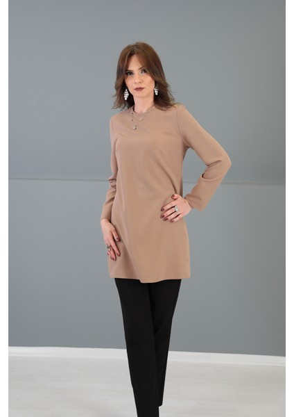 Sıfır Yaka Uzun Kol Bluz-Karamel