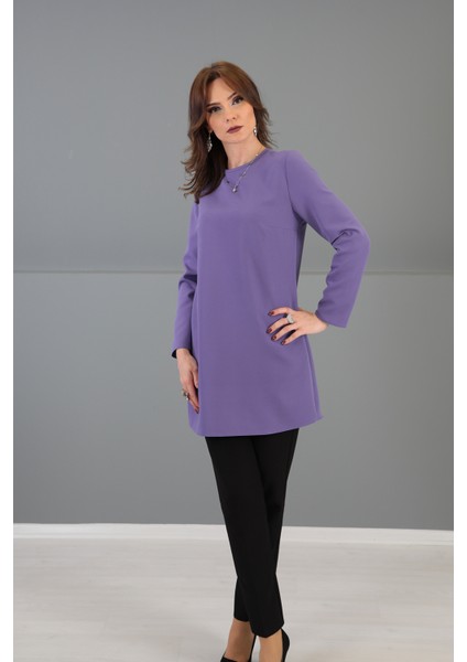 Sıfır Yaka Uzun Kol Bluz-Lila