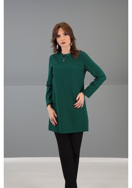Sıfır Yaka Uzun Kol Bluz-Zümrüt