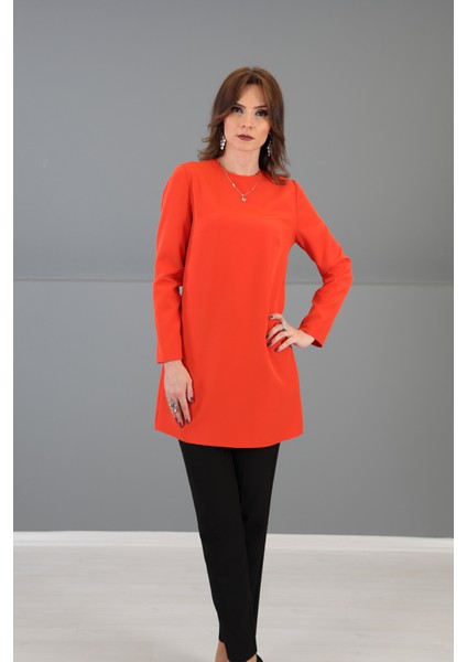 Sıfır Yaka Uzun Kol Bluz-Turuncu