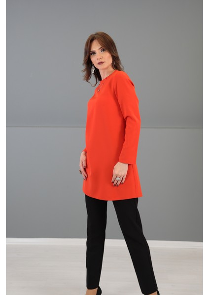 Sıfır Yaka Uzun Kol Bluz-Turuncu fiyatları