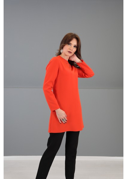 Sıfır Yaka Uzun Kol Bluz-Turuncu modelleri