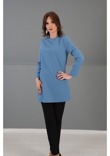 Sıfır Yaka Uzun Kol Bluz-Deniz