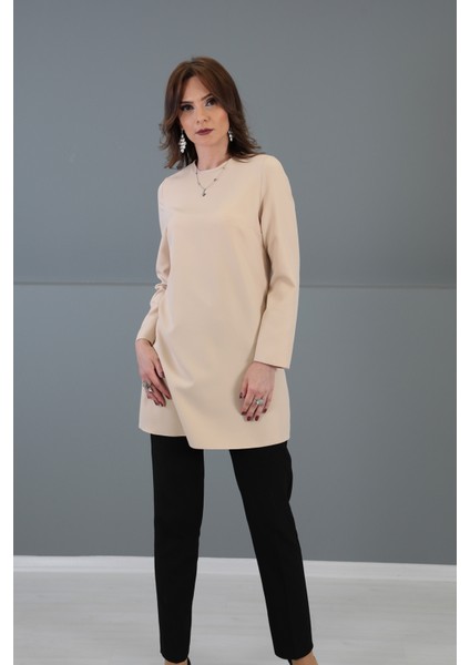 Sıfır Yaka Uzun Kol Bluz-Vizon