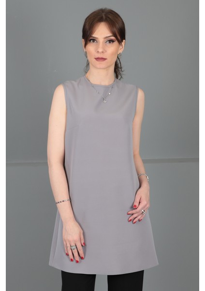 Sıfır Yaka Kolsuz Bluz-Antrasit