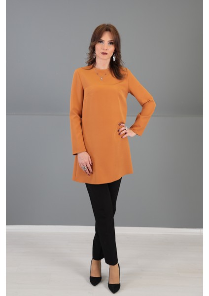 Sıfır Yaka Uzun Kol Bluz-Taba