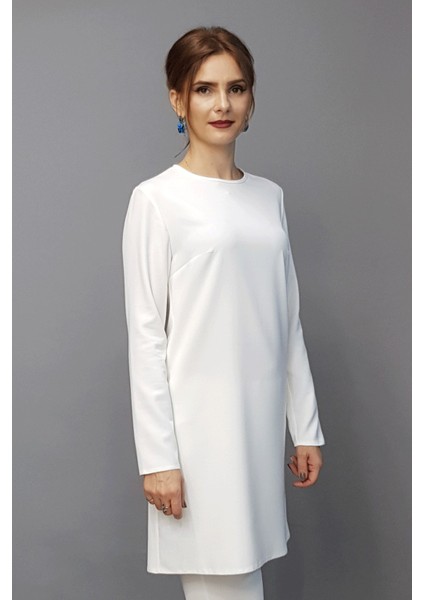 Sıfır Yaka Uzun Kol Bluz- Beyaz