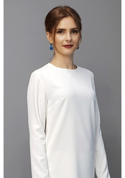 Sıfır Yaka Uzun Kol Bluz- Beyaz fiyatları