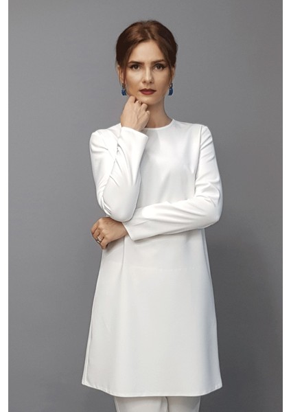 Sıfır Yaka Uzun Kol Bluz- Beyaz modelleri