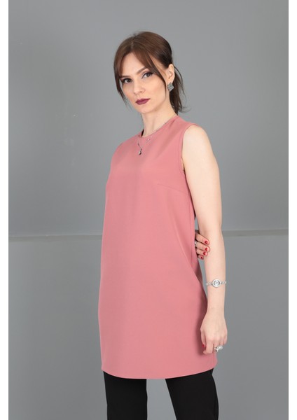 Sıfır Yaka Kolsuz Bluz- Gül Kurusu fiyatları