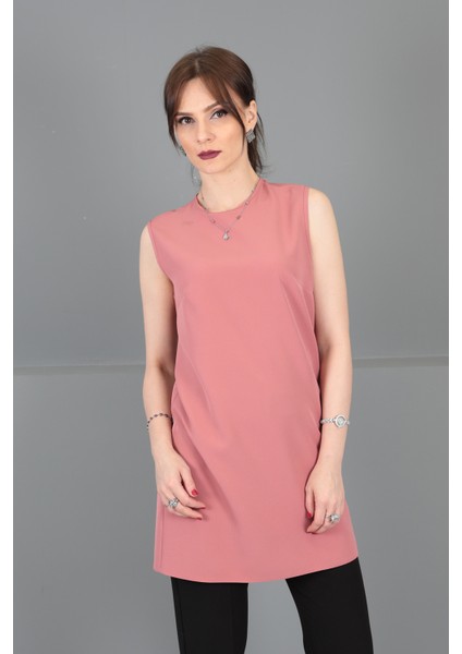 Sıfır Yaka Kolsuz Bluz- Gül Kurusu modelleri