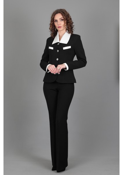 Garnili Ceket & İspanyol Paça Pantolon Takım-Siyah