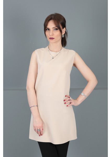 Sıfır Yaka Kolsuz Bluz-Vizon