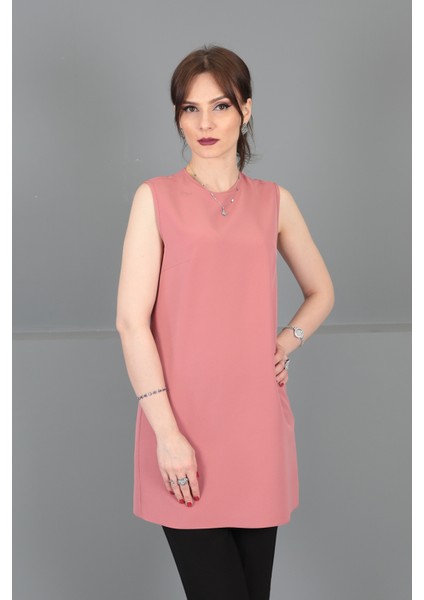 Sıfır Yaka Kolsuz Bluz- Gül Kurusu