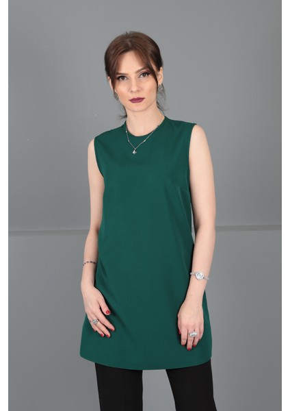 Sıfır Yaka Kolsuz Bluz-Zümrüt