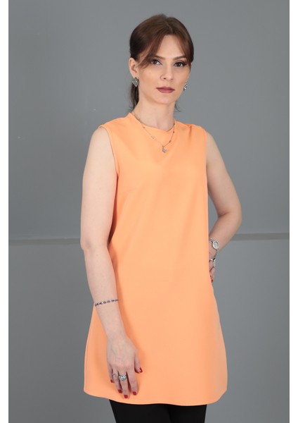 Sıfır Yaka Kolsuz Bluz-Şeftali modelleri