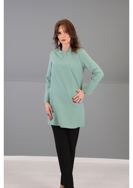 Sıfır Yaka Uzun Kol Bluz-Çağla