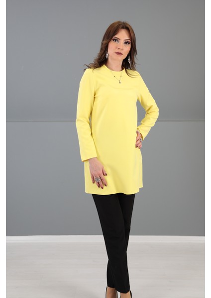 Sıfır Yaka Uzun Kol Bluz-Sarı