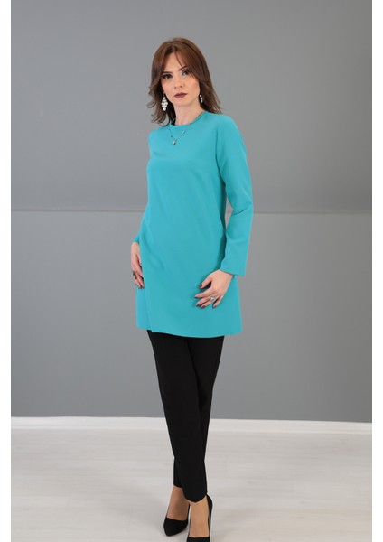Sıfır Yaka Uzun Kol Bluz-Turkuaz