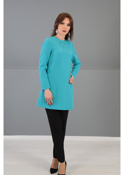 Sıfır Yaka Uzun Kol Bluz-Turkuaz fiyatları