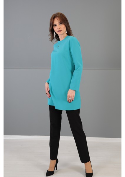 Sıfır Yaka Uzun Kol Bluz-Turkuaz modelleri