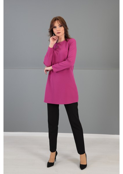 Sıfır Yaka Uzun Kol Bluz-Fuşya