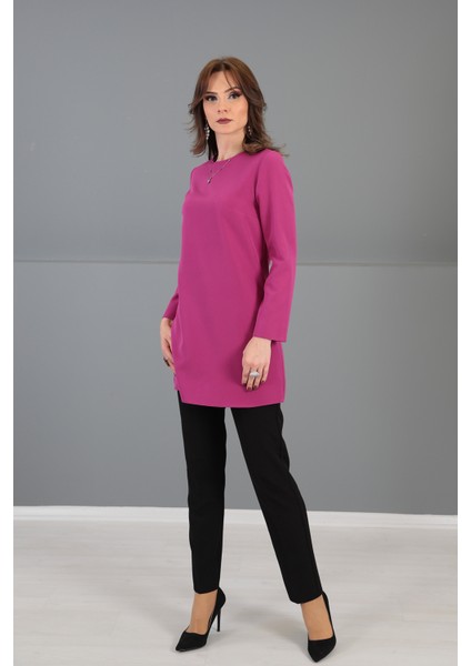 Sıfır Yaka Uzun Kol Bluz-Fuşya fiyatları