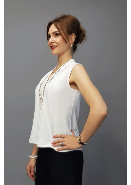 V Yaka Omuz Pileli Kolsuz Bluz-Beyaz fiyatları