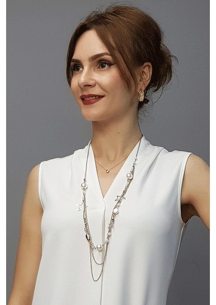 V Yaka Omuz Pileli Kolsuz Bluz-Beyaz modelleri