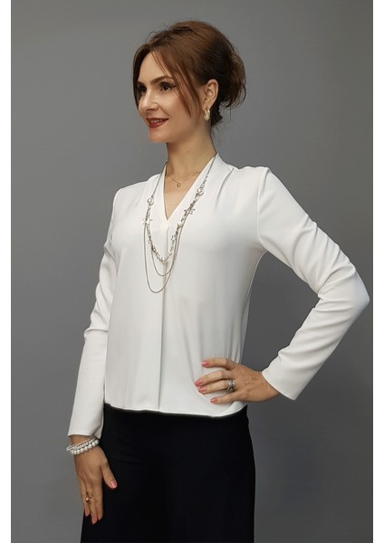 V Yaka Omuz Pileli Uzun Kol Bluz-Beyaz